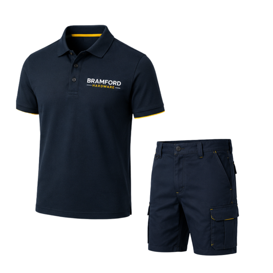 Bramford Hardware Workwear Set – Embroidered Polo Shirt & Utility Shorts – Navy